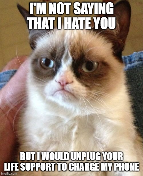 I am not saying I hate you, but I would unplug your life support to charge my phone meme