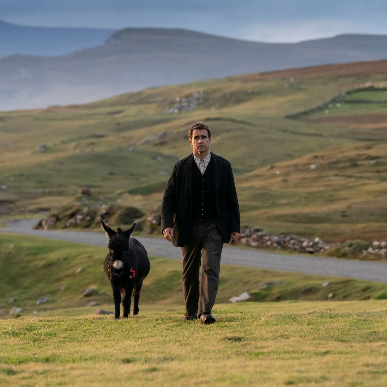 a still from the movie "banshees of inisherin" which shows the donkey Jenny following a man