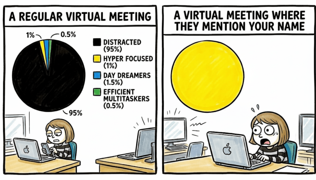 When Someone Says Your Name in a Virtual Meeting –&nbsp;Comic
